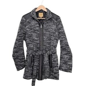 VTG Valerie Stevens‎ Tweed Moto Jacket Black Gray Faux Leather Trim Medium